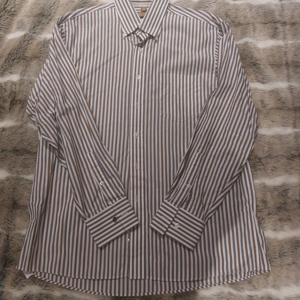 MICHAEL Michael Kors Men's Striped Dress Shirt - Brown and White